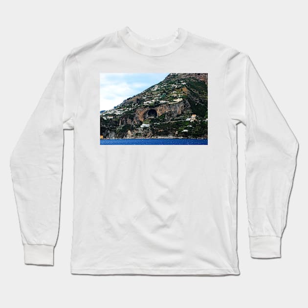 Panorama in Amalfi coast with a mountain scattered with buildings and a huge cavern in the middle Long Sleeve T-Shirt by KristinaDrozd